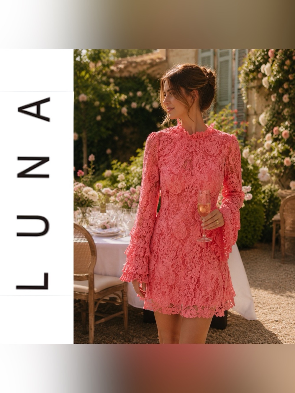 LUNA Coral Lace Flounce-Sleeve Mini Dress